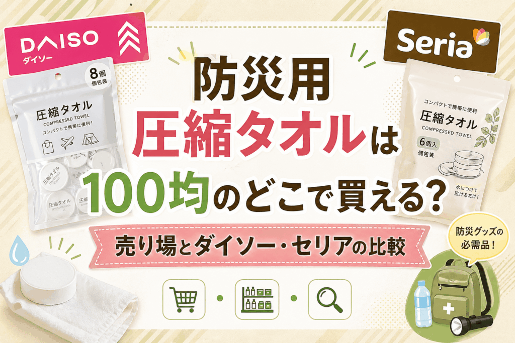 防災用圧縮タオルは100均のどこで買える？売り場とダイソー・セリアの比較を解説したアイキャッチ画像