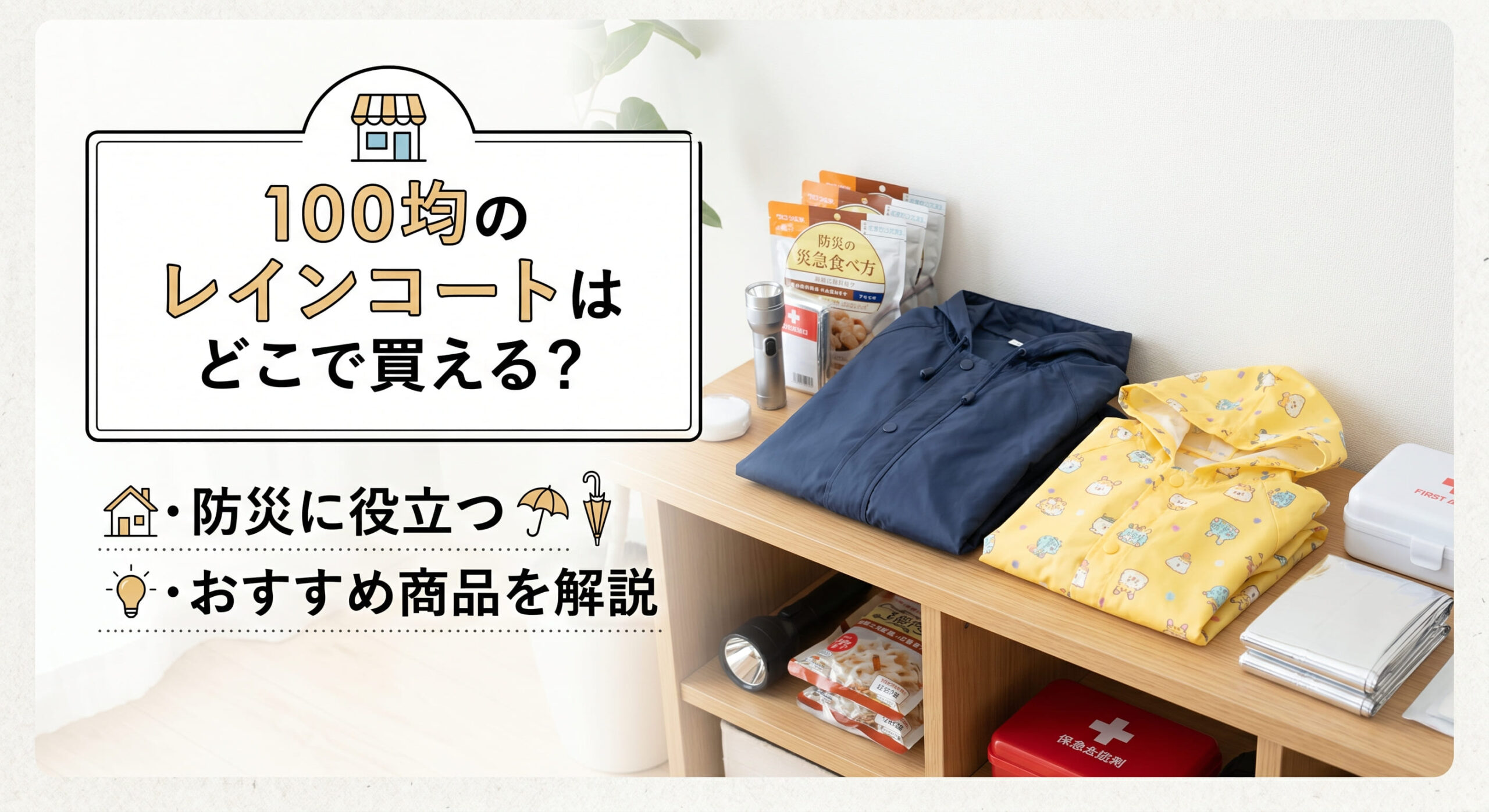 100均で購入できる親子のレインコートで防災準備をしている画像