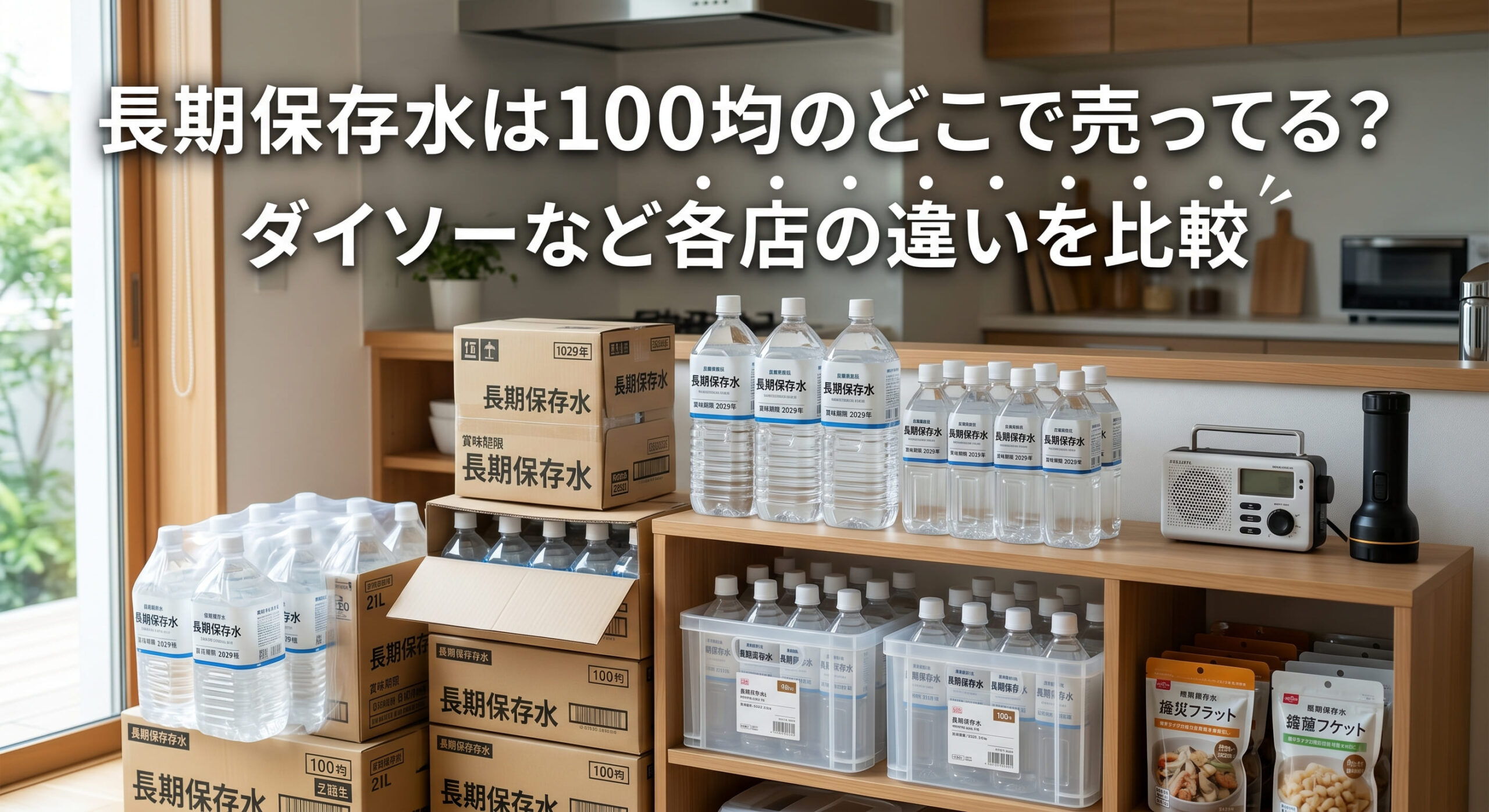 ダイソーなどで購入できる長期保存水で防災準備を自宅でいている画像