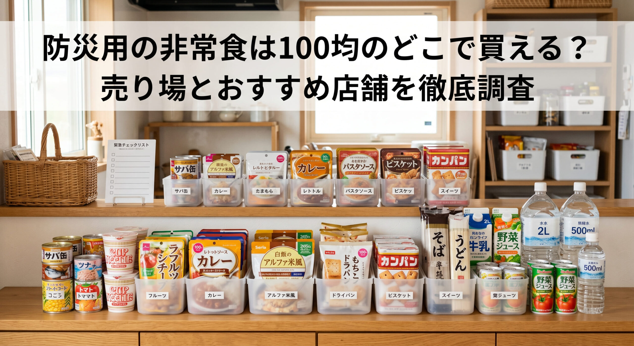 100均や楽天で購入した非常食で防災準備をしている画像