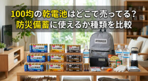 100均の乾電池などを買い揃えて防災の準備をしている画像