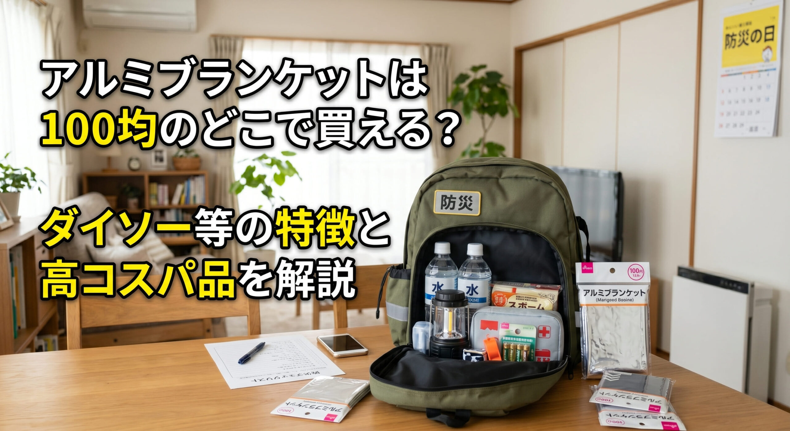 防災リュックに100均で購入したアルミブランケットを追加した画像
